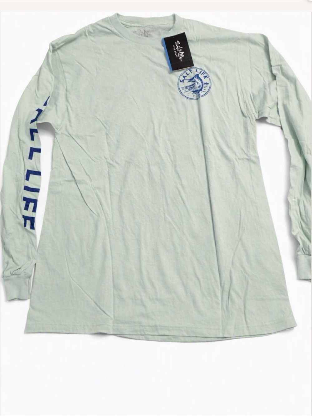 Salt Life Seafoam Long Sleeve Tee with Navy Logo and Sleeve Print